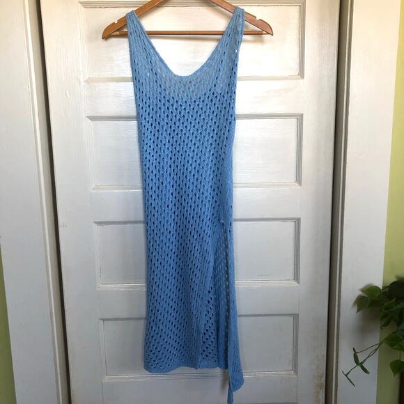 Baby Blue Crochet Swimsuit Cover Size Small Slit Midi Beach Vacation Boho - Picture 1 of 9
